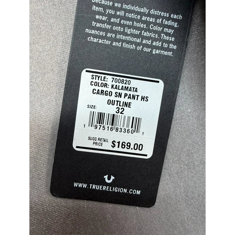$169 NEW Mens True Religion Kalamata Cargo Pant HS Olive Green Size 32